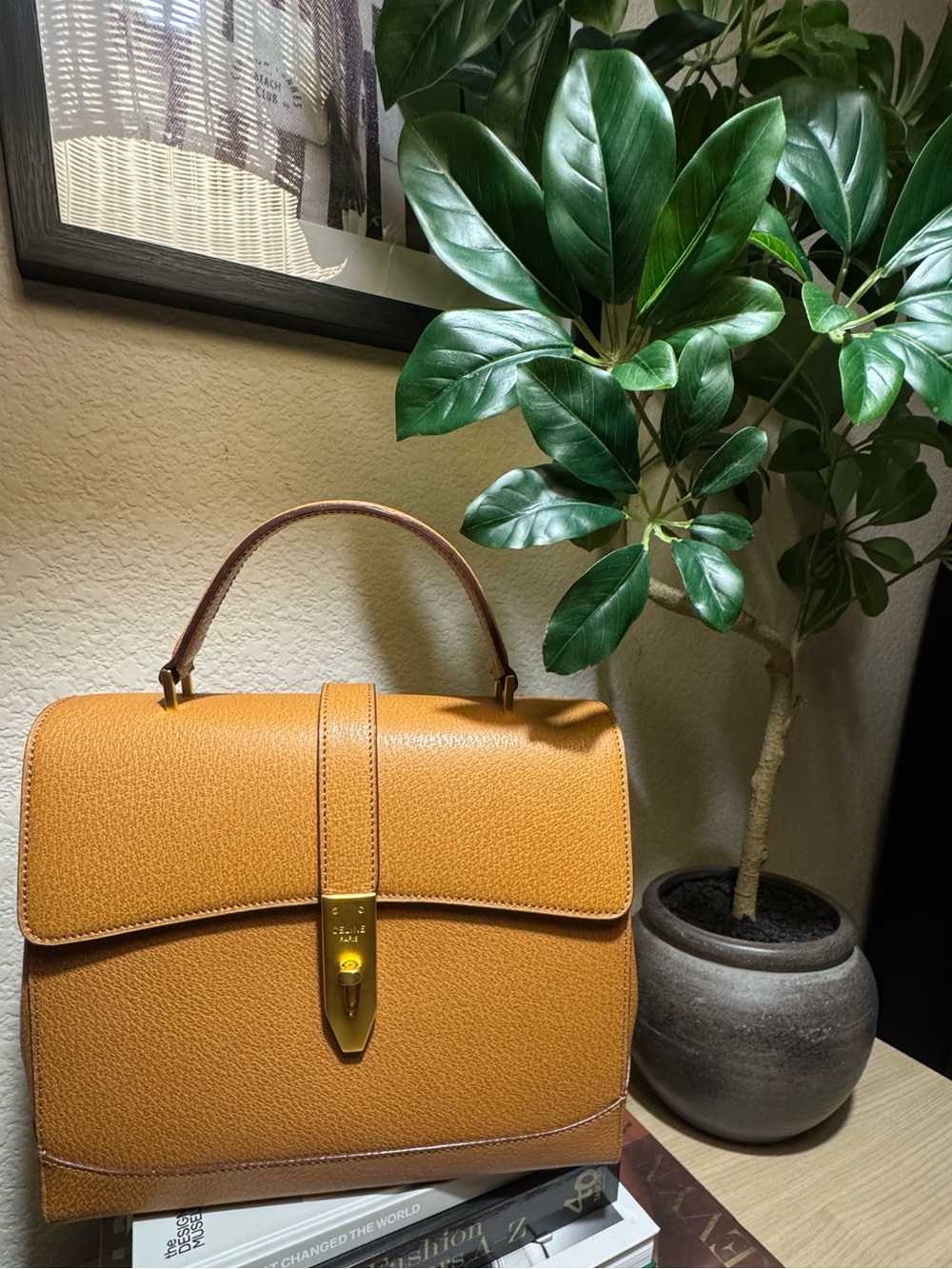 Celine Cognac Leather Top Handle Satchel w/Crossbody strap Gold Hardware VNTG